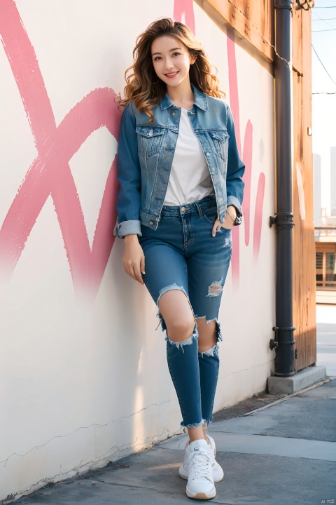  Young woman, Solo, Full Length, Studio, Wavy Blonde Hair, Head Tilted, Smile, Casual Attire, Denim Jacket, White Sneakers, Trendy, Vibrant Wall Mural, City Loft, Natural Light.