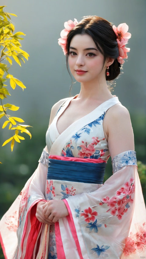  arien_hanfu,1girl, solo, flower, long hair, black hair, hair ornament, (big breasts:1.39),hair flower, blue eyes, floral print, chinese clothes, looking at viewer, detached sleeves, full body, white flower, parted lips, dress, pink flower, china dress, bare shoulders, blush, red flower, eyelashes, white dress, lips, sleeveless, parted bangs, grey background, gongzhuqie, neon_dress,huansha, glowing,lens flare,big leaf,plant, wind, chang,(big breasts:1.5), Anne Hathaway