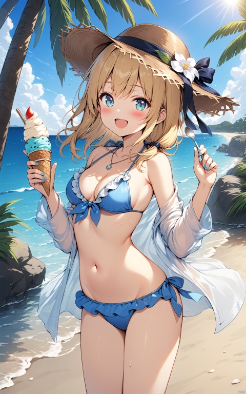  (masterpiece), (best quality), illustration, ultra detailed, hdr, Depth of field, (colorful), loli, artist Hiten, 1girl, outdoors, hat, bikini, swimsuit, solo, ice cream, food, breasts, blue bikini, day, holding, looking at viewer, open mouth, navel, white shirt, shirt, smile, beach, nail polish, open clothes, off shoulder, collarbone, medium breasts, bangs, ocean, open shirt, water, cleavage, :d, straw hat, flower, spoon, stomach, blue sky, sky, palm tree, halterneck, blurry, standing, bare shoulders, hair ornament, white flower, cloud, frills, sunlight, holding spoon, holding food, blue nails, cowboy shot, tree, hat flower, sun hat, ice cream cone, ribbon, blue eyes, blush, blurry background, frilled bikini, sidelocks, brown headwear, depth of field, front-tie bikini top, long sleeves, long hair, medium hair, brown hair, see-through, hands up, front-tie top, jewelry, hair ribbon, black ribbon, aqua nails, necklace, aqua eyes, string bikini, blonde hair, hat ribbon, swimsuit cover-up, Illustration, Sewing doll