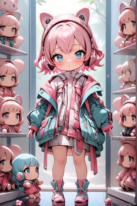  An animated character with vibrant pink hair and blue eyes, adorned in a modern-style jacket, showcases a determined expression. She wears pink headphones and has a small pink creature attached to her jacket, reflecting her playful and adventurous nature, (masterpiece,best quality:1.2), 3DIP, Sewing doll