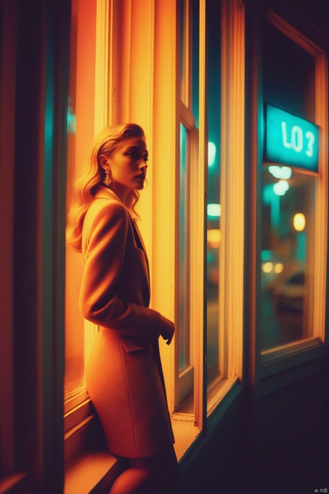 A portrait photography,neon night,a girl standing at a street-facing window looking out into the street,light dapper and trance,full of unrealistic feelings,psychedelic,elegant,sexy and a touch of nostalgia,soft light,soft tones,dreamlike quality,emotion,atmosphere,fashion magazines,celebrity photography,by Guy Aroch,shot on Lomography Redscale XR 50-200,