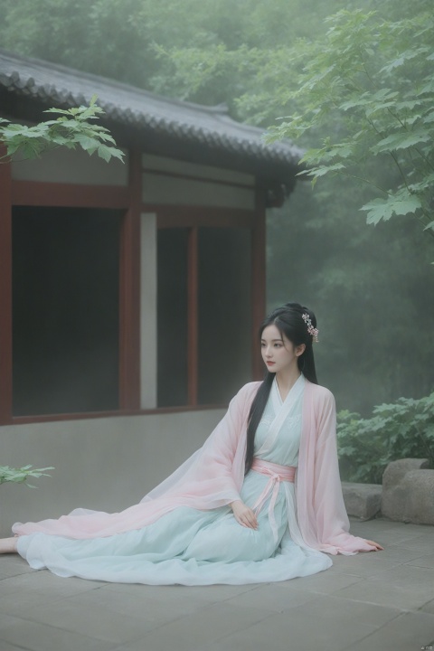  ((1girl)),solo,lying on back on bamboo mat bed in garden,paper fan,thin hanfu,foggy,(curtain),(bamboo forest),(Spread your legs and expose your vagina:1.55),tiles roof,light green and white,off shoulders,chinese painting,gongbi style,water_color,(grapevineman:1.4),(trees, artificial mountain, green lotus leaves,light pink lotus flowers),koi,wooden windows,doors,bed,stone,trandional architecture,temple,tower,wall,chinese garden,long hair,full body,bangs,(masterpiece, Extremely detailed, best quality, highres:1.2),(ultra_detailed, UHD:1.2),soft smile,nsfw,