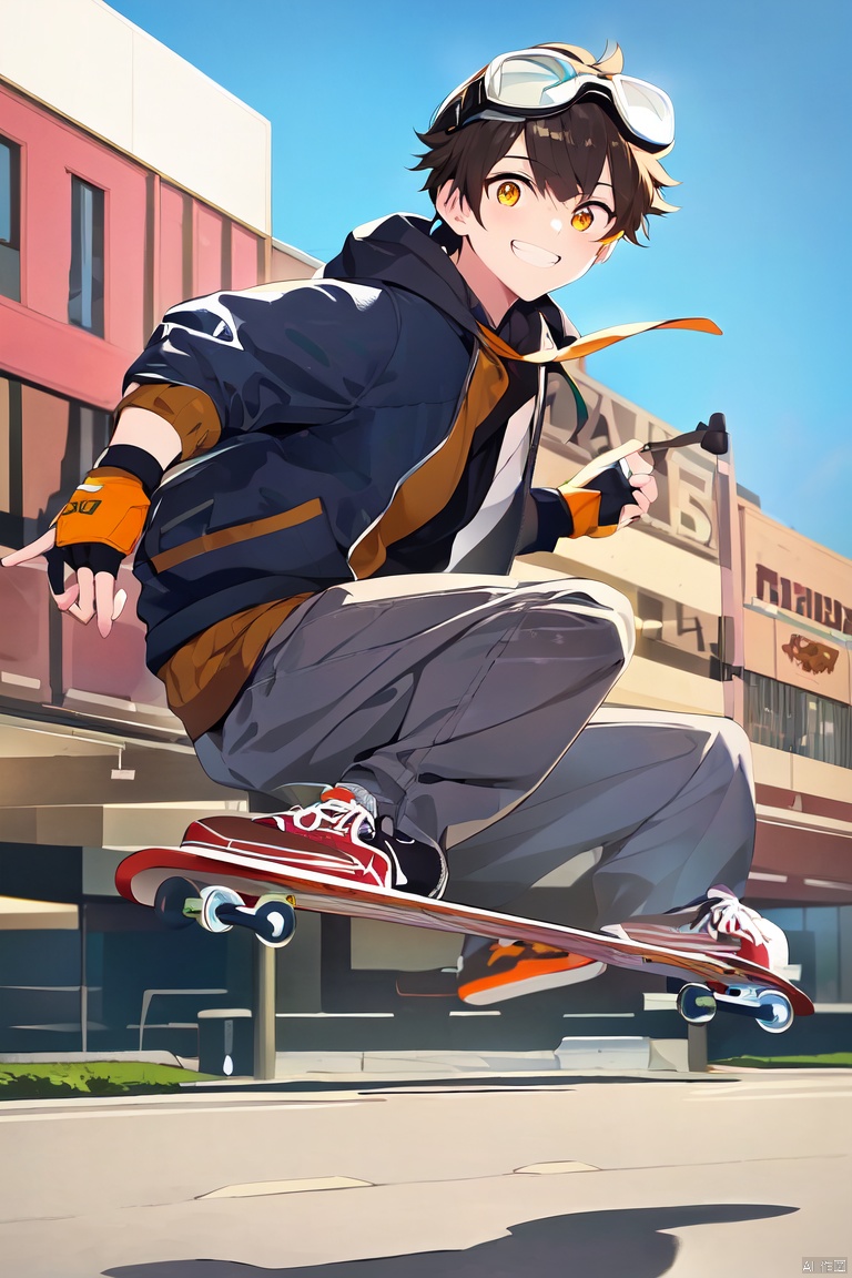  (\a suo\), skateboard, 1boy, male focus, smile, gloves, solo, goggles, sneakers, fingerless gloves, goggles on head, jacket, outdoors, grin, looking at viewer, pants, sky, short hair, roller skates, skates, shoes, black gloves, building, yellow eyes, day, orange eyes, inline skates, midair, city, hood, brown hair