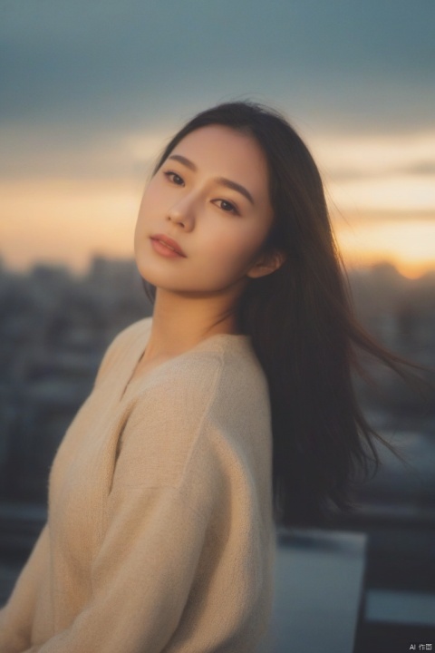  (masterpiece, best quality, highres:1.2),breathtaking,Frontal photography,Look front,evening,dark clouds,the setting sun,On the city rooftop,A 20 year old female,chinese girl,asian girl,black hair,long hair, dark theme, muted tones, pastel colors, high contrast, (natural skin texture, A dim light, high clarity) ((sky background))((Facial highlights)), Face Score, jastyle
