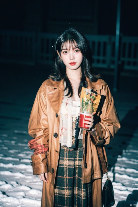  1girl,long hair, Winter clothing, college style,plaid skirt,full body,thick coat, cotton-padded jacket, plaid scarf, on the way home, snow, snow,outdoor,Master lens, golden ratio composition, (Canon 200mm f2.8L) shooting, large aperture, background blur., chinese woman,sunlight., plns, 1 girl