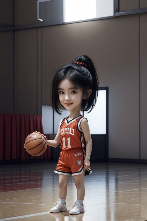  1girl,chibi,shouban,,,basketball hall,no. 11 jersey,beautiful lights,very short hair,
