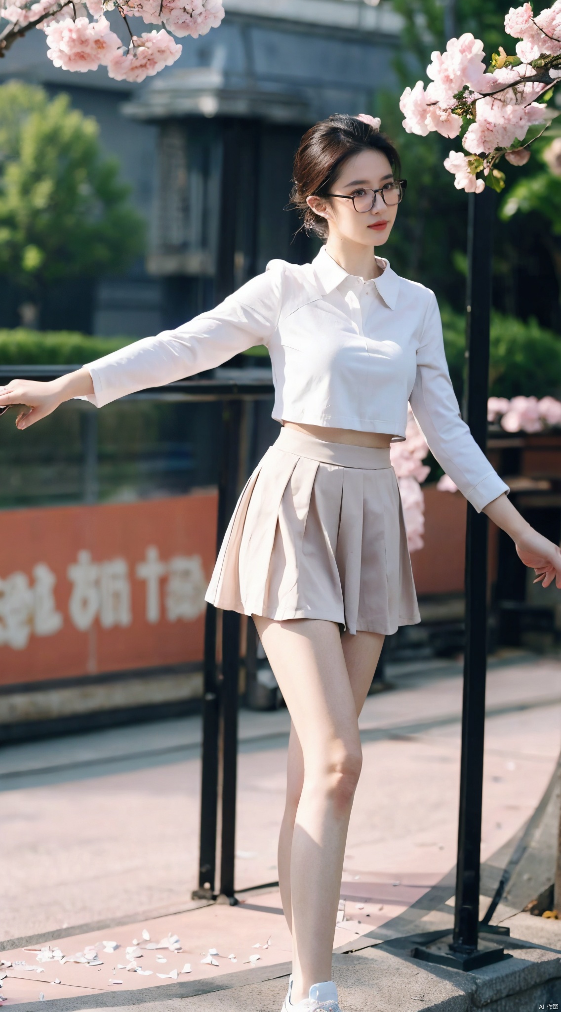  Best Quality, masterpiece, 16K, JK, uniform, 1 girl, glasses, blonde short hair, school uniform, pink skirt, sneakers, body, outdoor, petals falling, cherry blossom background, sports blurred background