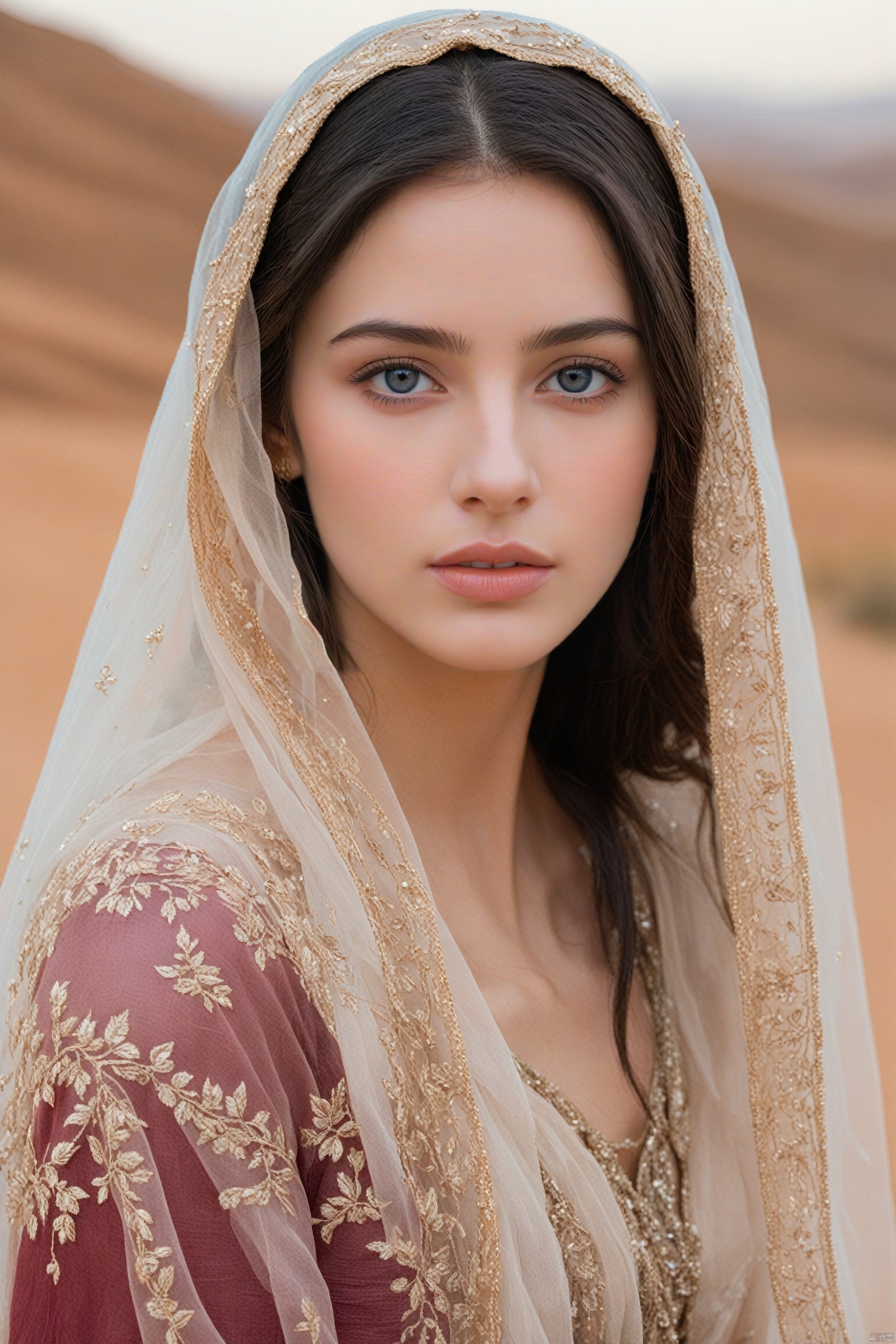 This image shows a close-up of an ethereal-looking young woman with long dark hair falling over her shoulders, blue eyes, her head adorned with a transparent scarf or veil, with the desert in the background, her The complexion was impeccable, with earthy tones on the lids and soft peach on the lips complementing the subtle makeup. She rests her face gently on her hands, exudes calm and poise, wears a burgundy embroidered gown, photo realistic, best quality, super high resolution, extremely detailed eyes and face, full body showing face audience,