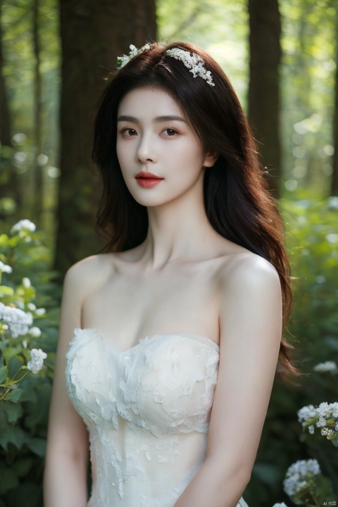  (realistic), (hyperrealism),best quality, masterpiece,ultra high res, (photorealistic:1.4),1girl,pale skin,skinny,(looking at viewer:2), ,forest, flowers, sunlight,
 , (tattered) wedding dress , bare shoulders, upper body,