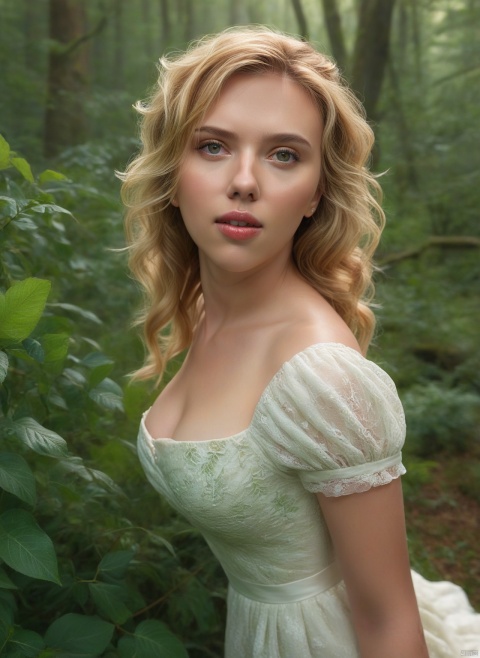  4k, photo, realistic, best quality,highres, ultra-detailed,ultra high res,((photorealistic, 8K)),from above, 

Best Picture Quality: A breathtaking photograph of a young woman standing in a lush green forest, surrounded by vibrant flowers and tall trees. She is wearing a simple white dress that flows gently in the breeze, and her long, wavy blonde hair frames her face in soft curls. The lighting is natural and warm, creating a sense of peace and tranquility. This photo is of the highest quality, with exceptional detail and color accuracy. Scarlett Johansson