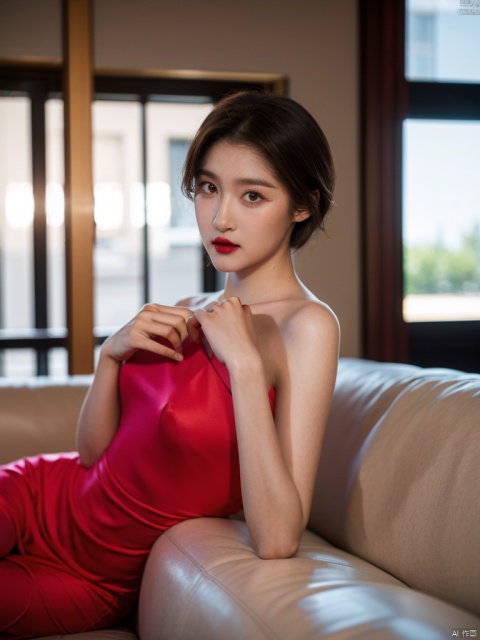 1girl, short hair, brown hair, solo, dress, brown eyes, looking at viewer, holding, red dress, parted lips, bare shoulders, indoors, lips, upper body, sleeveless
