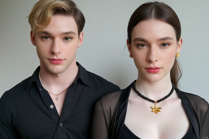  realistic,portrait of dark-skined American 1man and pale-skinned French 1woman,half body,both looking at viewer,pale French girl in open v chest clothes and black american boy in collared shirt,jewelry,flower,necklace,breasts,sexy,refined editorial photograph,real photo,8k,sharp high-quality photo, Dasha Taran