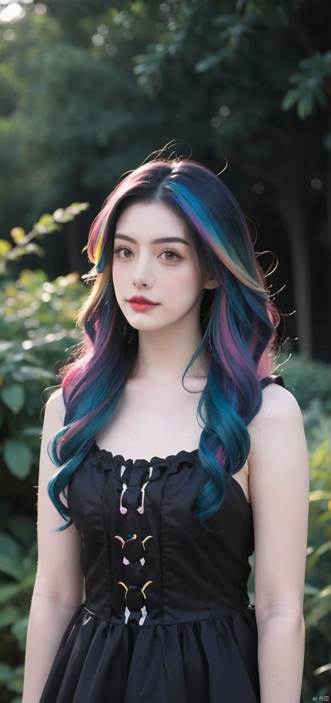  En un hermoso parque una mujer de aspecto moderno. It has a very colorful and striking kawaii gothic style.., con un maquillaje elegante y una peluca colorida. ((Rainbow hair))