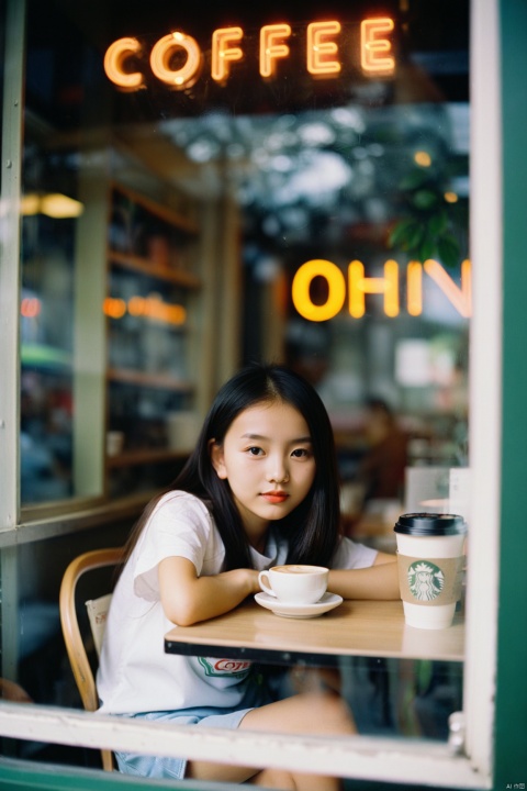  photography shot trough an outdoor window of a coffee shop with neon sign lighting, window glares and reflections, depth of field, young chinese girl sitting at a table, portrait, kodak portra 800, 105 mm f1. 8