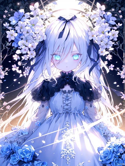 night,glowing eyes,gothic,long dress,hair ribbon,
1 girl, solo, long white hair, blue eyes, detailed eyes, blink and youll miss it detail,flower garden, high quality, floral background, very detailed