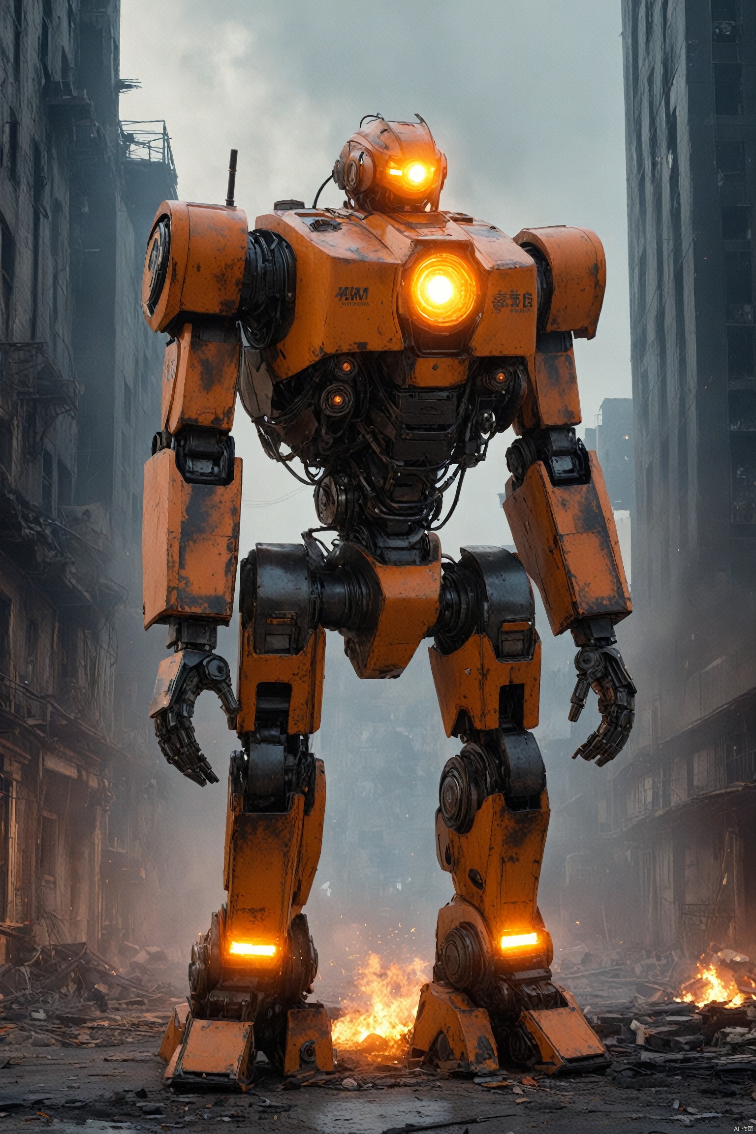 
Under the dark night sky, a giant robot stood tall. Its massive body, like a mountain, gives a sense of unshakable existence. The robot's body is made of an unknown material that looks hard and elastic, as if it were alive.
The robot's head is uniquely designed with a bright orange core at its center, which is its source of energy and where it thinks. Two orange eyes shone in the night, as if they could see everything. Its hair is thick orange lines, like tentacles extending from the core, giving it unique life and adding to its majesty.
The robot burns with orange flames, which are not for decoration, but to protect and repair the robot. Flames jumped and burned across the robot's body as if it were part of itself. This flame gives the robot life and power, making it more visible and powerful in the dark.
In the background is a scene of a ruined city. Tall buildings were burning, buildings collapsed, and smoke and dust filled the roads. The firelight lit up the sky, creating a cruel and spectacular scene with the flames on the robot. The whole city seems to be in a great disaster, and this robot is the only existence that can save the city.
Mech warrior,full body,magnificent,
render,technology, (best quality) (masterpiece), (highly detailed), game,4K,Official art, unit 8 k wallpaper, ultra detailed, beautiful and aesthetic, masterpiece, best quality, extremely detailed, dynamic angle, atmospheric,high detail,exquisite facial features,science fiction,CG,机甲, fire element