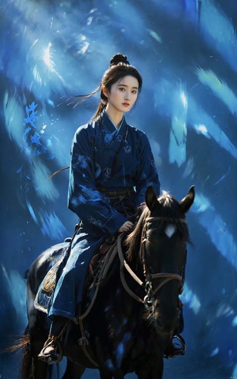  (abstract art:1.4), masterpiece, best quality, ultra high res, beautiful, visually stunning, (1girl:1.3), (dark blue theme:1.2), deep blue, cowboy shot,girl,wuxia,Chinese style,(Small chest:0.75),niji, sunlight, monkren, liuyifei