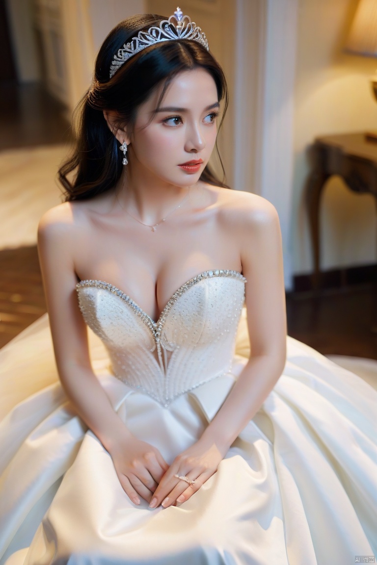 Style;masterpiece,bestquality,8k,4k,Filmtexture,
Characters;1girl,solo,blackhair,long_hair,brown_eyes,lips,collarbone,breasts,bareshoulders,
Clothing;dress, jewelry,earrings,whitedress,strapless,tiara,straplessdress,weddingdress,
action; sitting,
scene; dusky,indoors, chair,,