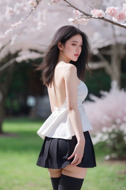  1girl,eye contact,sunlight,(JK_suit),JK_style,(dark blue JK_skirt),standing,arms behindback,white thighhighs,3d,unity 8k wallpaper,ultra detailed,beautiful and aesthetic,cherry blossoms,depth of field:1.5,black pantyhose,huge filesize,photo_(medium),reality,high quality,highres,