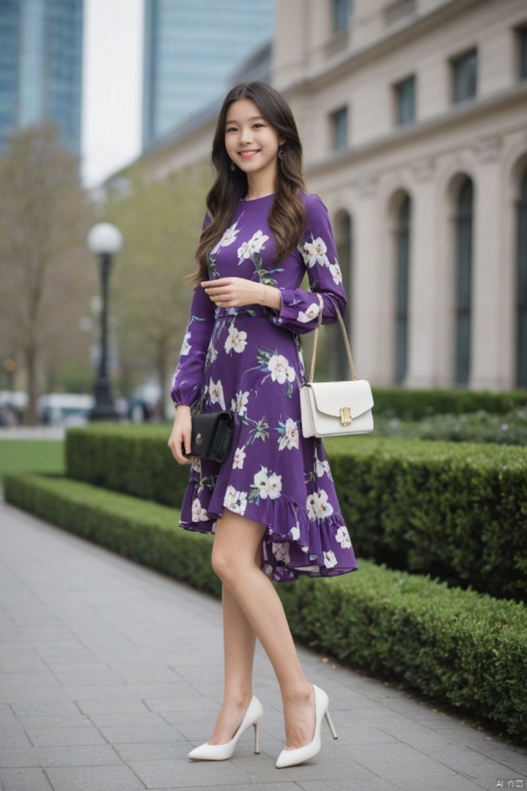  1girl, long_hair, looking_at_viewer, smile, brown_hair, black_hair, long_sleeves, dress, holding, jewelry, standing, full_body, earrings, outdoors, solo_focus, bag, blurry, high_heels, blurry_background, phone, floral_print, white_footwear, cellphone, smartphone, purple_dress, holding_phone, handbag, fashion,