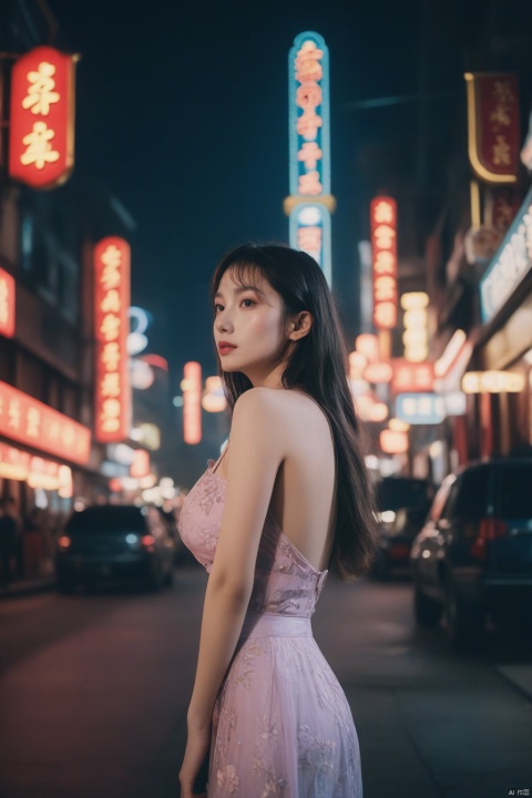  1girl,film grain, Fujifilm XT3, night shot, 1girl, (big breasts:1.56)
,BREAK,
Shanghai streets in the 1980s, neon lights at night, Wong Kar-wai movie lighting texture