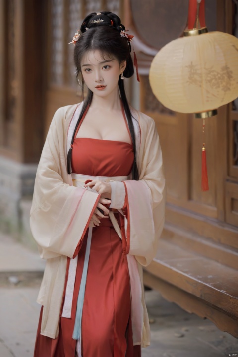  (masterpiece, top quality, best quality, official art, beautiful and aesthetic:1.2),gf-hd, 1girl, solo, hair ornament, jewelry,hanfu dress, red dress, earrings, chinese clothes, brown hair, ribbon, hanfu, red ribbon, shawl, song_hanfu,(big breasts:1.39), monkren