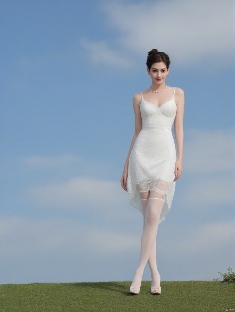  (((full body))), Realistic, masterpiece, highest quality, high resolution, extreme details, 1 girl, solo, bun, headdress, delicate eyes, beautiful face, shallow smile, delicate necklace, suspender dress, white lace dress, light gauze, snow-white skin, delicate skin texture, silver bracelet, pantyhose, high heels, elegant standing, outdoor, blue sky, white clouds, flowers, flowers, grass, movie light, light, light tracking, (Nikon AF-S 105mm f / 1.4E ED), MAJICMIX STYLE, , Anne Hathaway