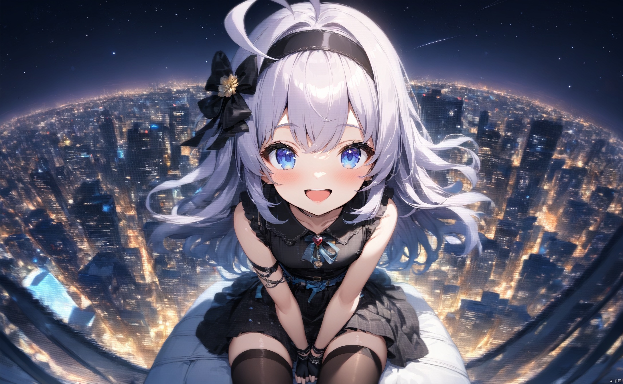  1girl, solo, ahoge, virtual youtuber, flower, looking at viewer, sitting, open mouth, smile,bangs,between legs, :d, hand between legs, purple background, feet out of frame,haoche\\\\\\\\\\\\\\The girl on the top of the building, the starry sky, the meteor crossed, the city skyline behind her was extremely beautiful, the breeze was blowing, the girl's heart was confused, her face was red, and she stroked her hair\\\\\\\\\\\\\Top view, panorama, fisheye lens,\\\\\\\\\\\\\\liuying,def clothe,1girl,black thighhighs,blue eyes,hairband,long hair,black hairband,fingerless gloves, skirt,
//BREAK,
fine fabric emphasis, maximalism, best quality, amazing quality, very aesthetic, absurdres, best quality, amazing quality, very aesthetic, absurdres, Highly detailed, best quality, masterpiece, tr mini style, Sewing doll, 3DIP