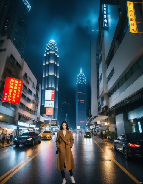  Best Quality, Hyper-Realistic, (Ultra High Resolution), Masterpiece, 8K, RAW Photo, Cover Art, Light, Photo Art, Realistic, Coat, Street, Night, Hotel, Hong Kong Wind, Movie Cover, Dynamic Angle, Close-up, Sight,Half body photo, xiqing