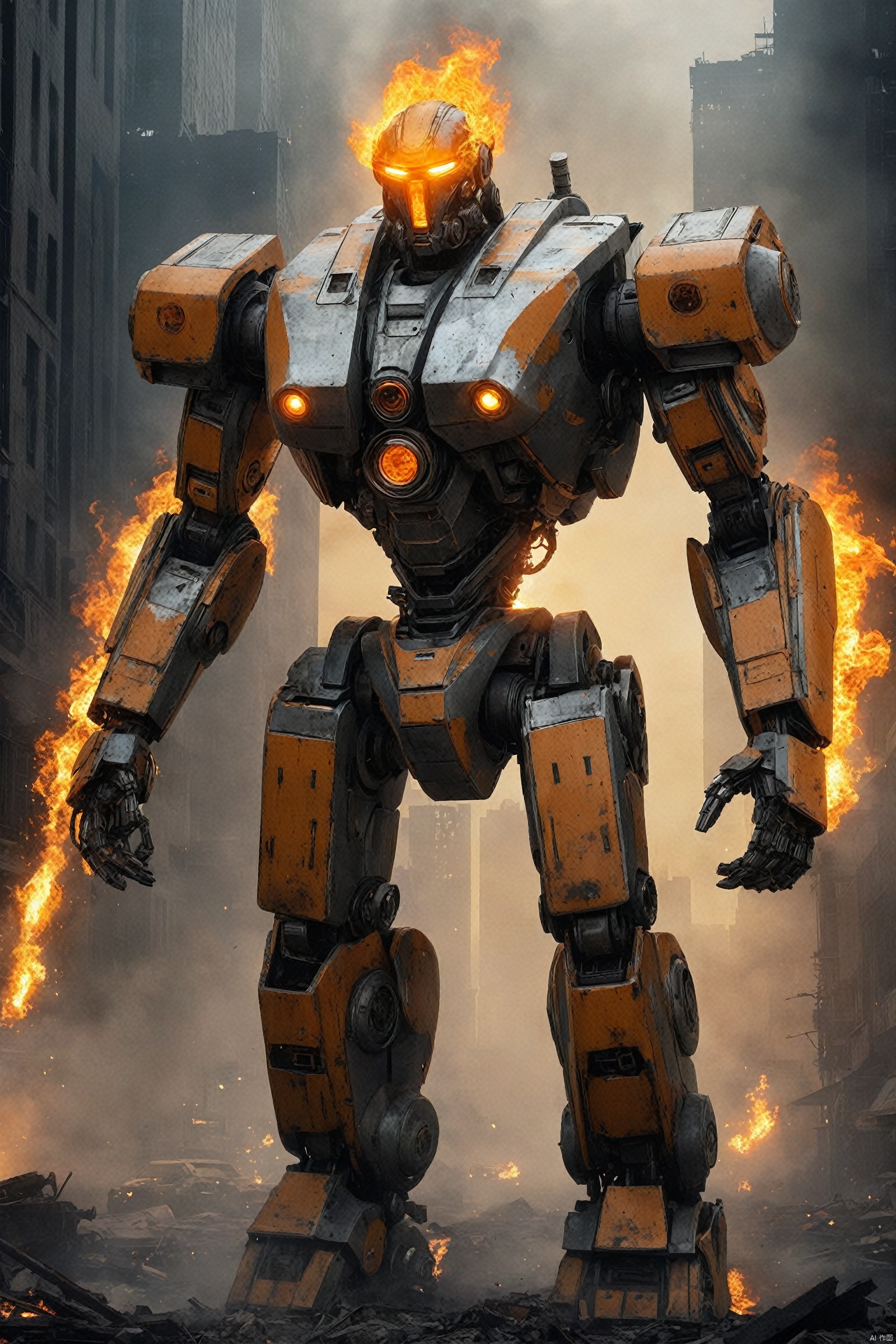 
Under the dark night sky, a giant robot stood tall. Its massive body, like a mountain, gives a sense of unshakable existence. The robot's body is made of an unknown material that looks hard and elastic, as if it were alive.
The robot's head is uniquely designed with a bright orange core at its center, which is its source of energy and where it thinks. Two orange eyes shone in the night, as if they could see everything. Its hair is thick orange lines, like tentacles extending from the core, giving it unique life and adding to its majesty.
The robot burns with orange flames, which are not for decoration, but to protect and repair the robot. Flames jumped and burned across the robot's body as if it were part of itself. This flame gives the robot life and power, making it more visible and powerful in the dark.
In the background is a scene of a ruined city. Tall buildings were burning, buildings collapsed, and smoke and dust filled the roads. The firelight lit up the sky, creating a cruel and spectacular scene with the flames on the robot. The whole city seems to be in a great disaster, and this robot is the only existence that can save the city.
Mech warrior,full body,magnificent,
render,technology, (best quality) (masterpiece), (highly detailed), game,4K,Official art, unit 8 k wallpaper, ultra detailed, beautiful and aesthetic, masterpiece, best quality, extremely detailed, dynamic angle, atmospheric,high detail,exquisite facial features,science fiction,CG,机甲, fire element