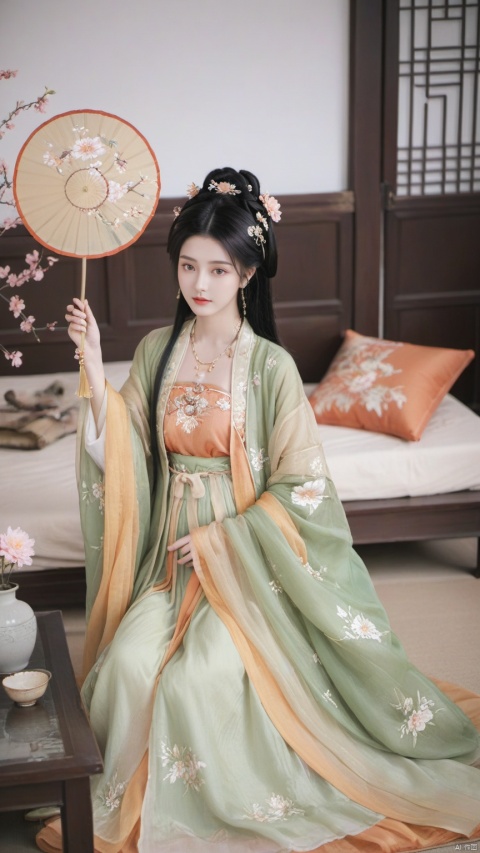  1girl, solo, long hair, black hair,Hairpins,necklace, hair ornament, long dress, full body, flower, earrings, indoors, hair bun, hanfu dress,(Tube top Hanfu long skirt:1.1),(Hand holding fan:1.2), pillow, bed, night, chinese clothes, table, branch,daxiushan, ,daxiushan style,(huge breasts:1.7), (full breasts), realistic,hanfu, daxiushan,Shoulders are exposed,daxiushan, arien_hanfu