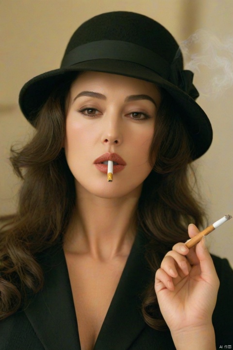  1girl, brown hair, hat, multiple boys, necktie, solo focus, lips, formal, curly hair, cigarette, realistic, smoking, lighter,Monica Bellucci,Malèna