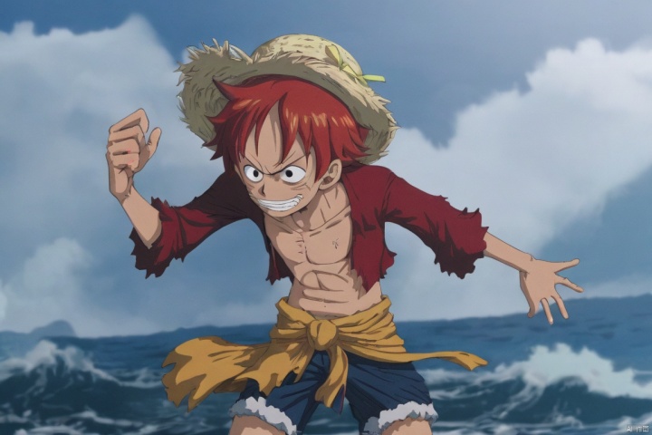  monkey d. luffy (cosplay), a charismatic pirate captain from "One Piece," boasts a cascade of fiery red hair, symbolizing his bold spirit and adventurous legacy. Standing on the ships deck, he exudes seasoned authority, scarlet locks dancing in the sea breeze. The scene unfolds on a weathered vessel amid rolling waves, capturing the essence of high-seas exploration. The mood is a blend of camaraderie and challenge, mirroring Shanks legendary exploits. The atmosphere crackles with anticipation, reflecting the daring tales etched into Shanks weathered visage. Lighting bathes the scene in warm hues, casting a cinematic glow that accentuates the vivid details of Shanks iconic presence,monkey d.