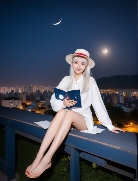  artist(roha), 1girl, red eyes, solo, book, barefoot, white hair, star (sky), long hair, hat, sitting, shirt, looking at viewer, holding, sky, long sleeves, starry sky, white shirt, bangs, shooting star, paper, night, bare legs, full body, night sky, palette (object), closed mouth, cityscape, smile, moon, star (symbol), envelope, city, building, crescent moon