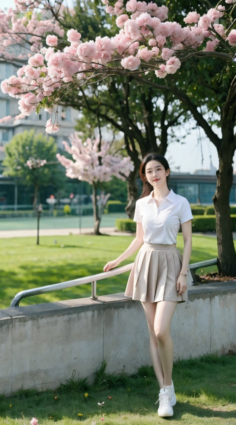  Best Quality, masterpiece, 16K, JK, uniform, 1 girl, glasses, blonde short hair, school uniform, pink skirt, sneakers, body, outdoor, petals falling, cherry blossom background, sports blurred background