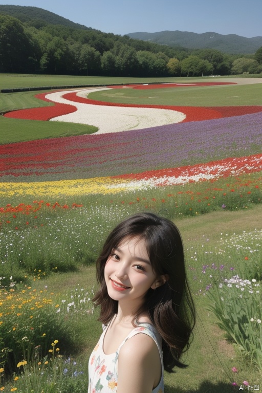  A young girl, with a mischievous grin on her face, is captured as she plays in a field of wildflowers. The flowers are in full bloom, creating a riot of color. giving the scene a distorted, dreamlike quality. The image is inspired by the works of David Hockney, with its playful, vibrant energy.Korean