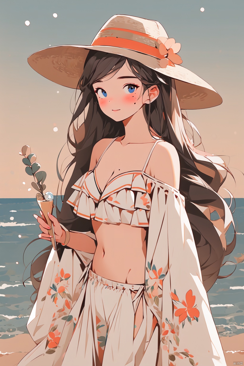  1girl, solo, hat, long hair, blue eyes, ice cream, straw hat, swimsuit, bikini, holding, food, looking at viewer, white hair, white bikini, blush, mole under eye, frills, mole, bangs, flower, outdoors, closed mouth, bare shoulders, navel, very long hair, frilled bikini, (\ji jian\)