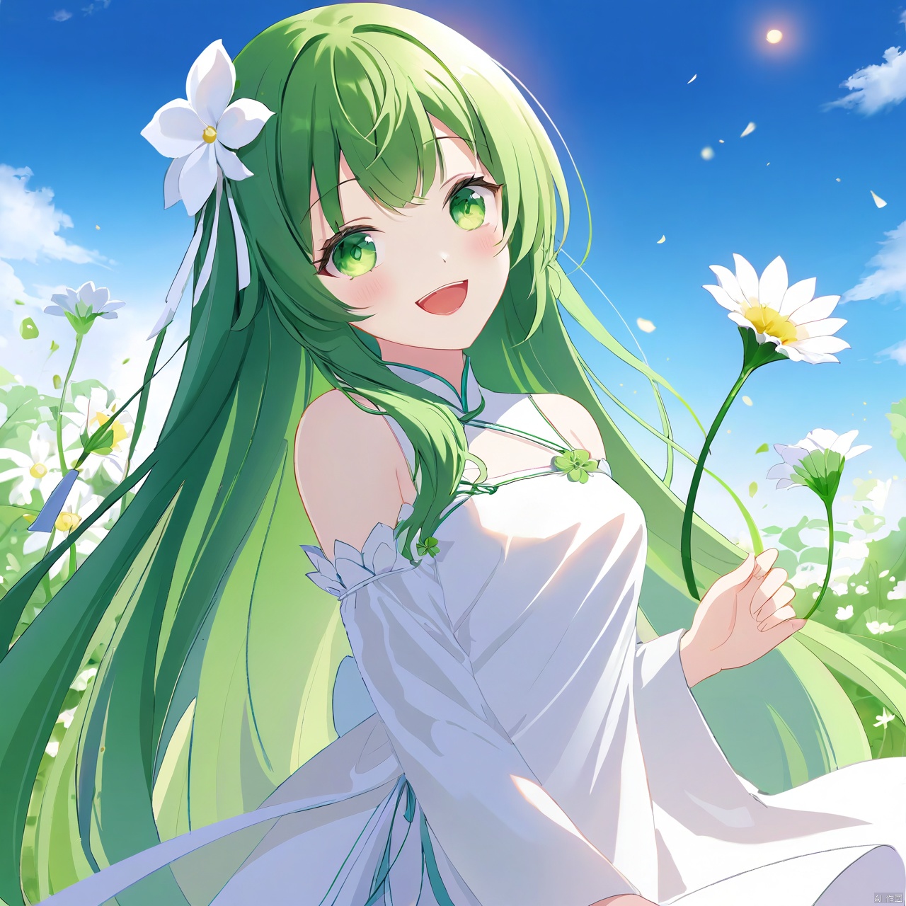  1girl, flower,white dress, solo, green hair, long hair, smile, open mouth, looking at viewer, bangs, white flower, green eyes, (\shen ming shao nv\)
