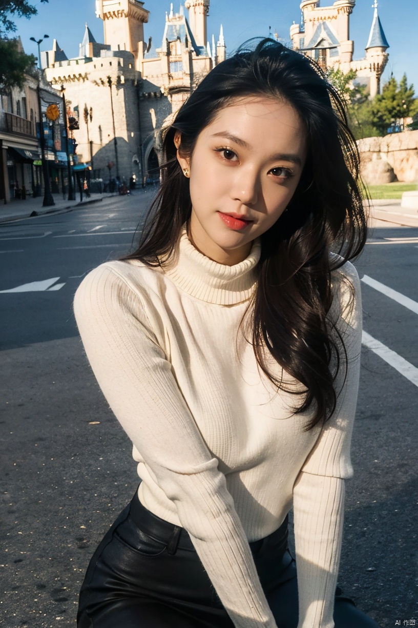  1girl, smiling,Realistic movie lighting,white turtleneck sweater((,(skindentation),(skin tight))),ultradetailed,8K,detailed face,photorealistic,1girl,long hair,,solo, , ,fullbody,complex background, look at the viewer, detailedbackground,sweating details,realistic, fullbody,long legs,real,Lacrimal nevus,realism, Delicate glowing skin,masterpiece,bestquality,distant view,depth of field,dynamic perspective,Perfectly proportioned figure,Detailed skin description, black pantyhose,street,daytime,good weather, Disneyland in the background,JOJO pose,tall