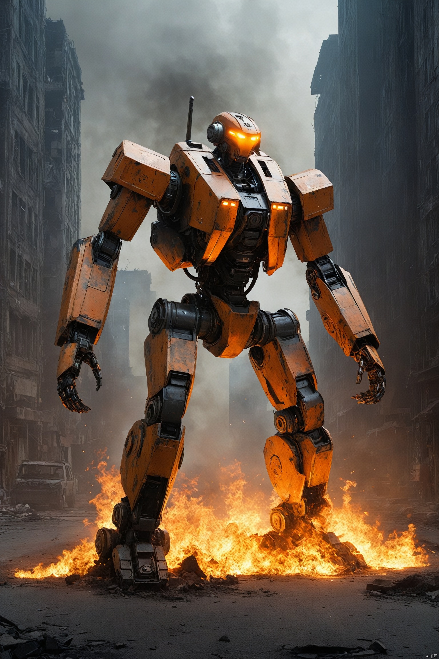 
Under the dark night sky, a giant robot stood tall. Its massive body, like a mountain, gives a sense of unshakable existence. The robot's body is made of an unknown material that looks hard and elastic, as if it were alive.
The robot's head is uniquely designed with a bright orange core at its center, which is its source of energy and where it thinks. Two orange eyes shone in the night, as if they could see everything. Its hair is thick orange lines, like tentacles extending from the core, giving it unique life and adding to its majesty.
The robot burns with orange flames, which are not for decoration, but to protect and repair the robot. Flames jumped and burned across the robot's body as if it were part of itself. This flame gives the robot life and power, making it more visible and powerful in the dark.
In the background is a scene of a ruined city. Tall buildings were burning, buildings collapsed, and smoke and dust filled the roads. The firelight lit up the sky, creating a cruel and spectacular scene with the flames on the robot. The whole city seems to be in a great disaster, and this robot is the only existence that can save the city.
Mech warrior,full body,magnificent,
render,technology, (best quality) (masterpiece), (highly detailed), game,4K,Official art, unit 8 k wallpaper, ultra detailed, beautiful and aesthetic, masterpiece, best quality, extremely detailed, dynamic angle, atmospheric,high detail,exquisite facial features,science fiction,CG,机甲, fire element