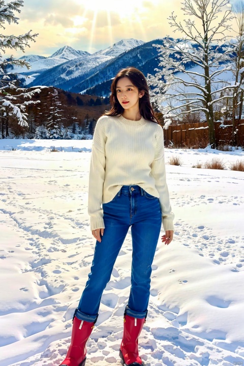  1girl,realism, HD 16k, snow, winter,sexy Short jeans,oversize breasts, light master, bare long legs, light rays,snow mountain,laugh,white sweater,snow boots,Dynamic posture,