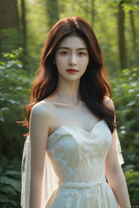  (realistic), (hyperrealism),best quality, masterpiece,ultra high res, (photorealistic:1.4),1girl,pale skin,skinny,(looking at viewer:2), ,forest, flowers, sunlight,
 , (tattered) wedding dress , bare shoulders, upper body,