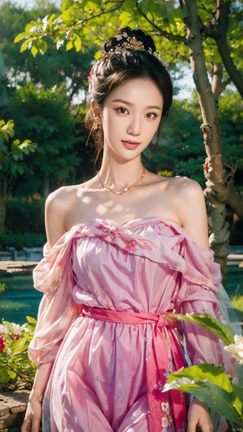  (masterpiece, best quality), natural soft light, (1girl), brown eyes, standing cloud, strapless pink dress, wide-angle lens, lens flare, ultra high definition, high resolution, very detailed, best quality, clear theme, ultra-realistic and ultra-detail,(ribs:1.29),look at viewer, smile,DUNHUANG_CLOTHS, trees and flower, 1girl