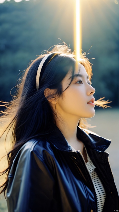  from side,1girl,solo,realistic,jacket,black hair,black headband,Unruly hair,Golden straw,cloud,lens_flare,Natural light,portrait,Grey Film filter,(KODAK Ektar 100:1.2), 1girl, light master