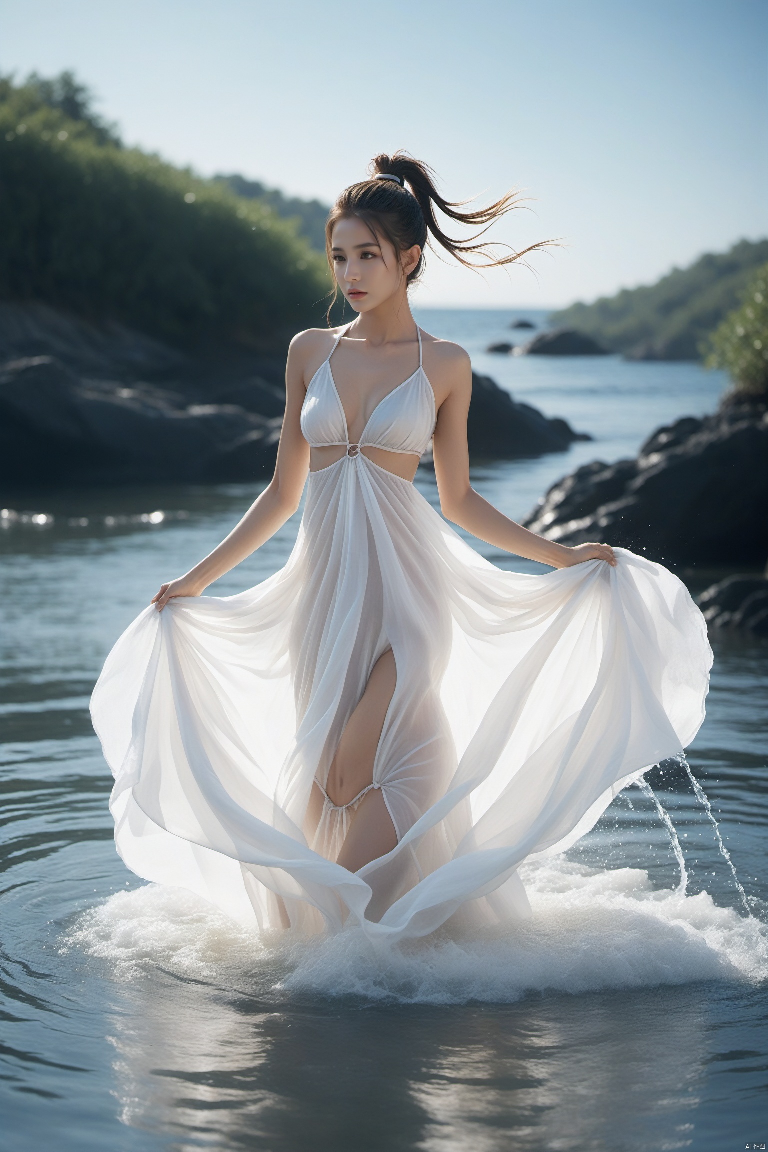  High quality,masterpiece,wallpaper,A beautiful woman is surrounded by a water ring,(translucent white gauze dress:1.3),(bikini:1.3),ponytail,walking,splashing water,fantasy, yaya