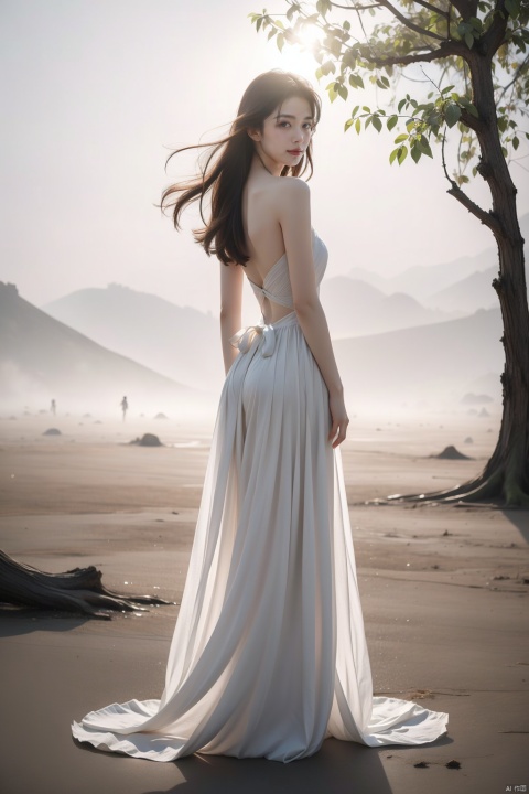  1girl,,This picture depicts a surrealistic image of a woman blending with natural elements. A woman stands in a desolate scene,her back and hair gradually turning into branches and twigs of a tree. A few flowers bloomed on the branch,as if she were a tree growing flowers. She was wearing a flowing white long skirt,with the hem spread out on the ground,interweaving with the lines of the tree roots. This woman's posture is sideways facing backwards,facing the mist in the distance,as if she is gazing or contemplating. The color contrast,light and shadow processing,and theme conception in this picture are all very captivating,creating a feeling of combining fantasy and reality. Overall,images convey an artistic concept that combines natural and human forms,full of symbolic meaning and inner emotional expression.,smile, monkren, liuyifei