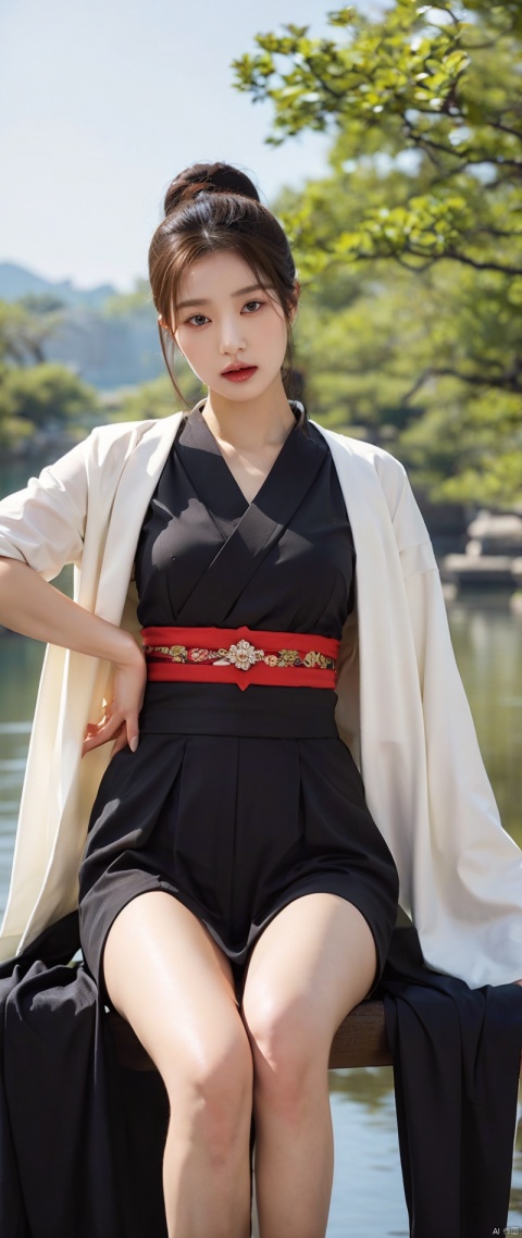  painting of a woman in a kimono sitting on a lake holding a sword, she is holding a katana sword, female samurai, palace , a girl in hanfu, artwork in the style of guweiz, japanese goddess, beautiful character painting, by Yang J, inspired by Chen Yifei, inspired by Ai Xuan, beautiful digital artwork