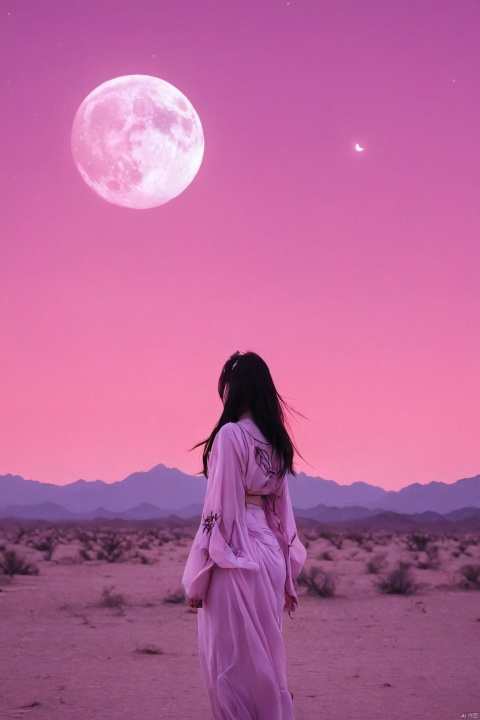  desert_sky,1girl,full moon,scenery,desert,pink-purple sky,star,more detail XL,xxmixgirl, xxmix_girl, monkren, qingyi,
