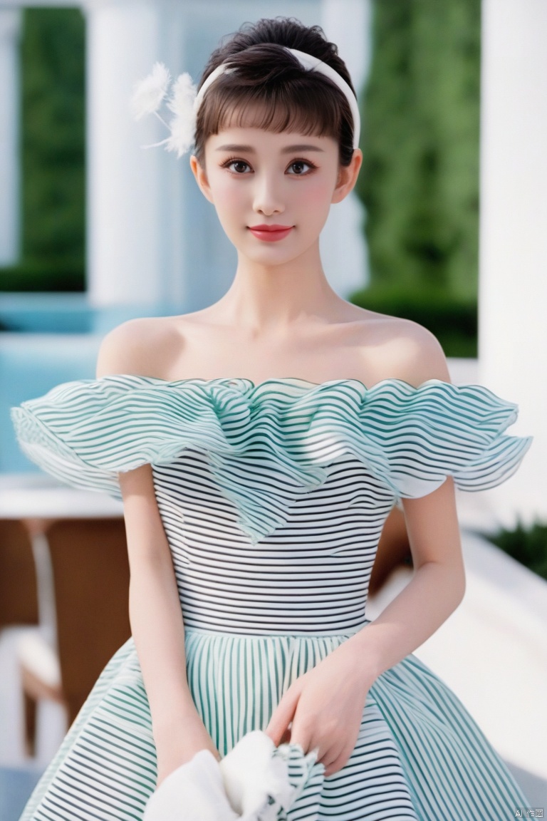  (masterpiece, best quality, hyper realistic, raw photo, ultra detailed, extremely detailed, intricately detailed), (photorealistic:1.4), (photography of Audrey Hepburn wearing a fashionable Striped off-the-shoulder ruffle hem dress, designed by Hubert de Givenchy, ), (smile), fairy, pure, innocent, beauty, (slender), super model, adr, Breakfast at Tiffany's, Sabrina, (glide_fashion), depth of field, (full shot), filmgrain,zeisslens,symmetrical,8kresolution,octanerender(OC渲染),extremelyhigh-resolutiondetails,finetexture,dynamicangle,fashion(时尚), fashion,,