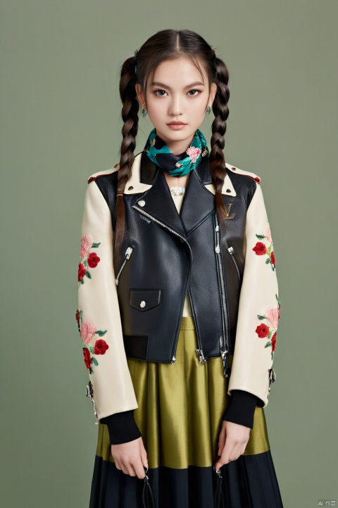  An edgy of a model with sleek ebony twin drill pigtails, kohl-rimmed aquamarine eyes staring intensely, dressed in a black Louis Vuitton motorcycle jacket with embroidered floral accents and silk scarf. Three-point lighting pops against the muted olive background, revealing fashion forward styling and lavish fabric textures.Chinese,cowboy_shot,lyf